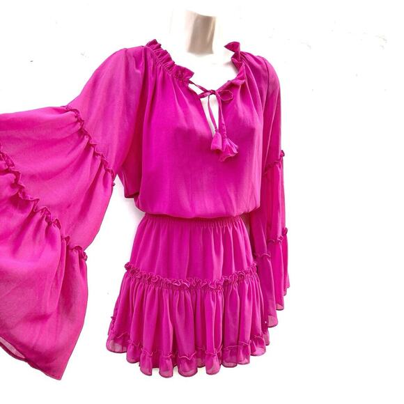 MISA Leeva Pink Ruffle Mini Dress Romantic Boho Coquette Cottagecore Vacation - Picture 1 of 16